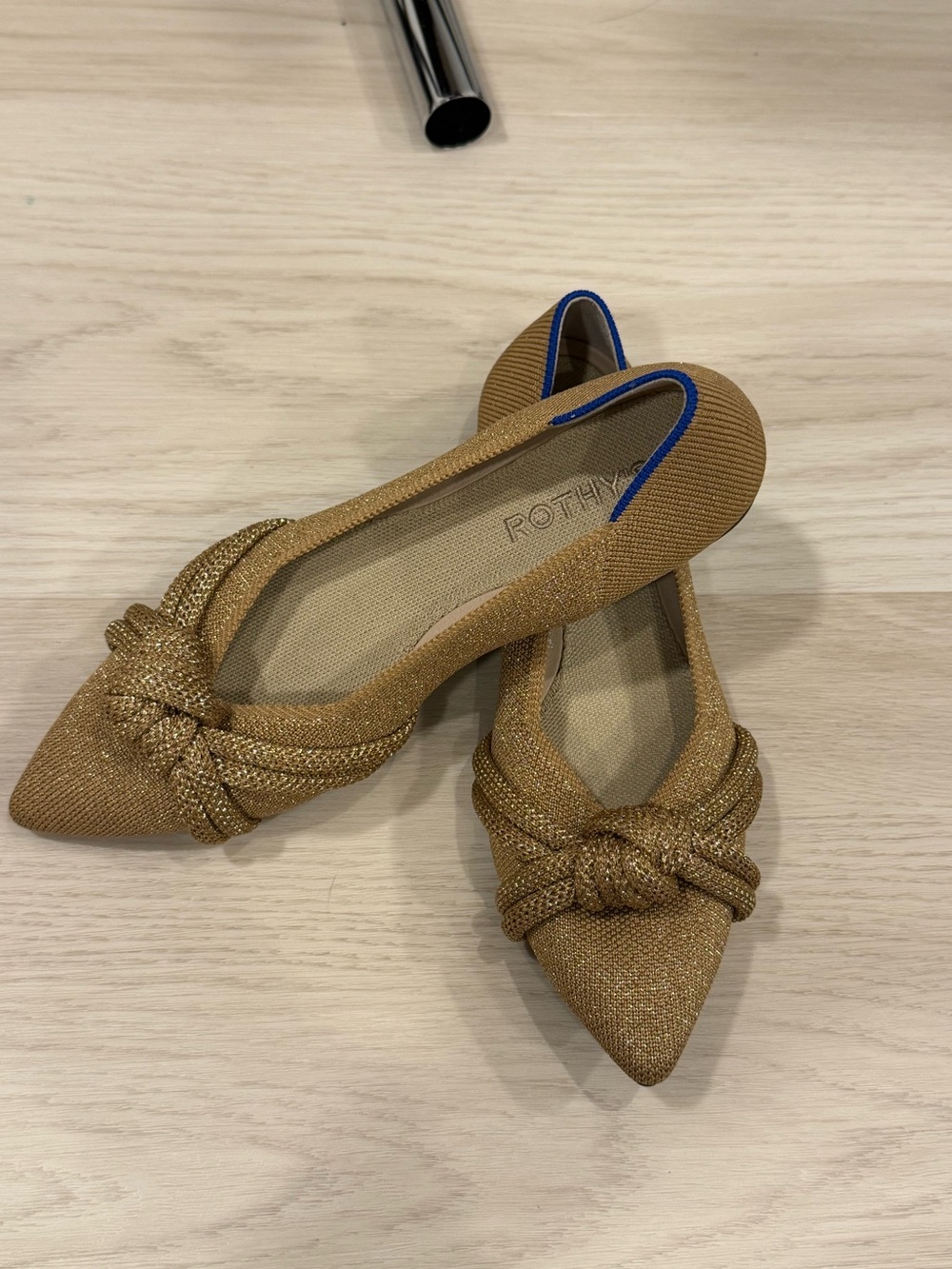 6.5 Rothy's Gold Pointed Knit Flats with Knotted Toe